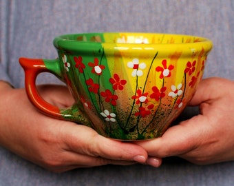 flower ceramic mug, Green ceramic mug, Yellow ceramic mug, coffee or tea,  Handmade mug, Gift for her him,  big mug, Large Ceramic Mug