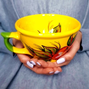 Yellow cup Apple cup Ceramic cup Pottery mug Tea cup Flower mug Coffee Mugs pottery mug Ceramic mug Colorful mug Pottery cup Christmas mug 3 image 2