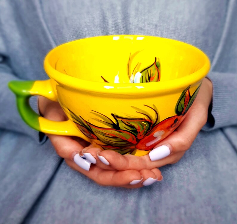 Yellow cup Apple cup Ceramic cup Pottery mug Tea cup Flower mug Coffee Mugs pottery mug Ceramic mug Colorful mug Pottery cup Christmas mug 3 image 2