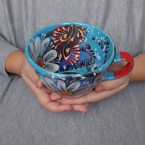 flower ceramic mug, blue ceramic mug, big cup of tea, Cup of coffee, ceramic coffee mug, handmade ceramics, heart mug, large coffee mug image 2