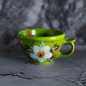 flower ceramic mug, Green ceramic mug, Ceramic drinking mug, ceramic coffee mug, handmade ceramics, heart mug, large coffee mug, coffee mug image 2
