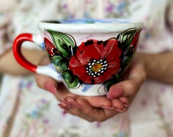 red ceramic mug, flower ceramic mug, white ceramic mug, Large Ceramic Mug, Handmade ceramic mug, Ceramic drinking mug, ceramic coffee mug