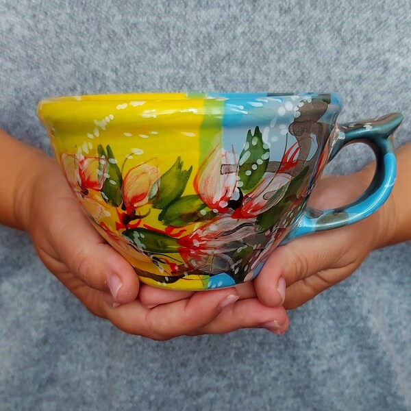 flower ceramic mug, Yellow ceramic mug, blue ceramic mug, Large Ceramic Mug, Handmade ceramic mug, Ceramic drinking mug, ceramic coffee mug