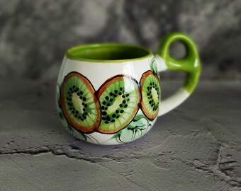 ceramic mug kiwi, white ceramic mug, Green ceramic mug, Large Ceramic Mug, Handmade ceramic mug, ceramic coffee mug, handmade ceramics