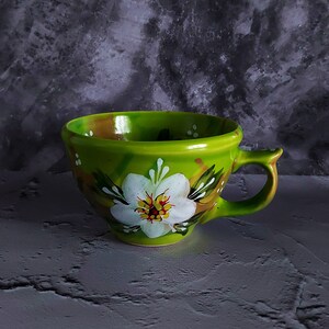 flower ceramic mug, Green ceramic mug, Ceramic drinking mug, ceramic coffee mug, handmade ceramics, heart mug, large coffee mug, coffee mug image 1