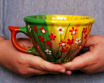 flower ceramic mug, Yellow ceramic mug, Green ceramic mug, Large Ceramic Mug, large coffee mug, coffee mug, big cup of tea, Cup of coffee