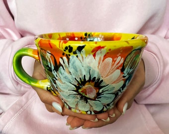 flower ceramic mug, white ceramic mug, Yellow ceramic mug, Large Ceramic Mug, Handmade ceramic mug, Ceramic drinking mug, handmade ceramics