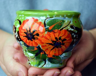 flower ceramic mug, Orange ceramic mug, Green ceramic mug, Medium Ceramic Mug, Handmade ceramic mug, Ceramic drinking mug,ceramic coffee mug