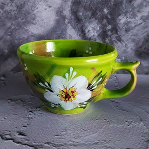 flower ceramic mug, Green ceramic mug, Ceramic drinking mug, ceramic coffee mug, handmade ceramics, heart mug, large coffee mug, coffee mug image 3