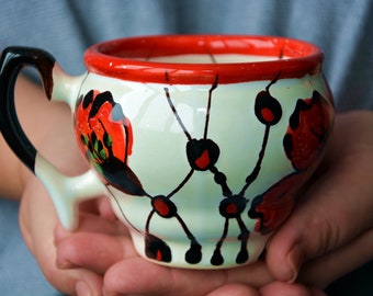 Medium ceramic mug, red ceramic mug, flower ceramic mug, Black ceramic mug, Ceramic drinking mug, ceramic coffee mug, handmade ceramics