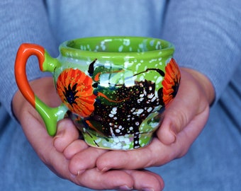 UKRAINE Ceramic mug Flowers cup Coffee Pottery mug Colorful mug Ceramic cup Tea cup Green mug Coffee Mug Soup mug gift mugs pottery