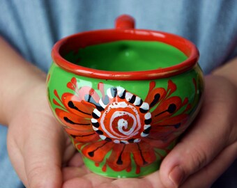 red ceramic mug, flower ceramic mug, Green ceramic mug,Medium ceramic mug, Handmade ceramic mug, Ceramic drinking mug, ceramic coffee mug