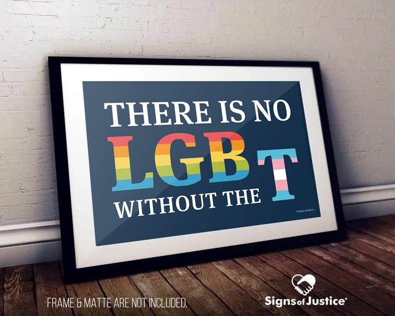 Puede incluir: Una impresi&oacute;n enmarcada con un fondo azul y texto blanco que dice "THERE IS NO LGBT WITHOUT THE". El texto est&aacute; en un esquema de colores arco&iacute;ris con una bandera transg&eacute;nero en la "T".