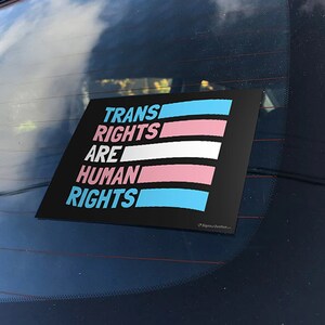 May include: A black sticker on a car window with the words "TRANS RIGHTS ARE HUMAN RIGHTS" in white, pink, and blue. The sticker features the transgender pride flag colors.