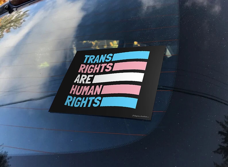 May include: A black sticker on a car window with the words "TRANS RIGHTS ARE HUMAN RIGHTS" in white, pink, and blue. The sticker features the transgender pride flag colors.