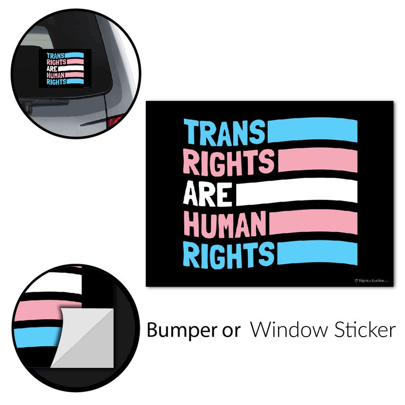 May include: Black bumper or window sticker with the text "TRANS RIGHTS ARE HUMAN RIGHTS" in blue, pink, and white. The sticker also features the transgender pride flag colors.