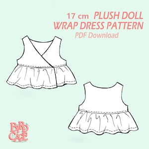 Puede incluir: Dibujo lineal de un patrón de vestido cruzado para una muñeca de peluche de 17 cm. El patrón muestra dos vistas del vestido, una con la parte delantera cruzada y otra con un corpiño sencillo. La imagen incluye el texto "17 cm Plush Doll Wrap Dress Pattern PDF Download."