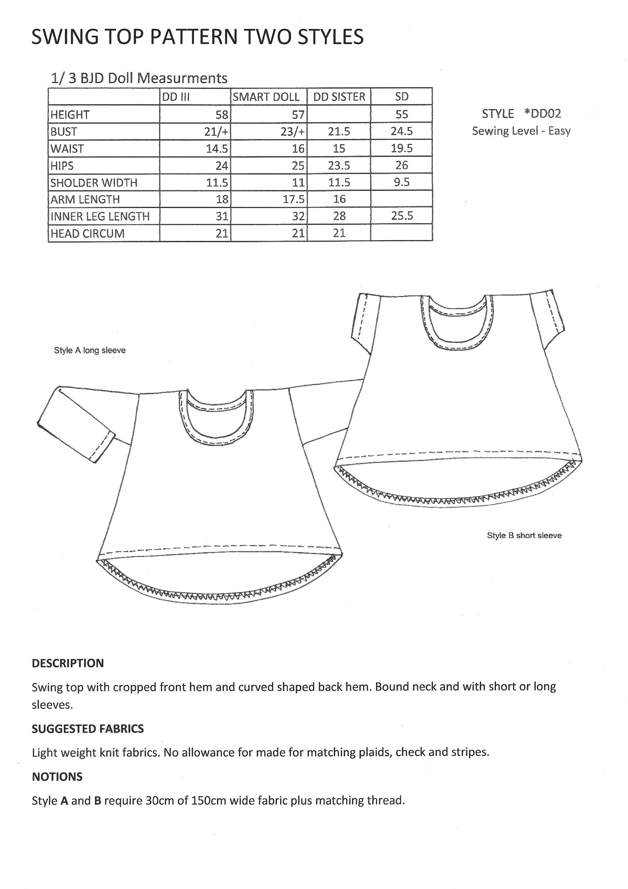 Swing Top Pattern for 1/3 BJD Smart Doll Dollfie Dream. PDF Etsy
