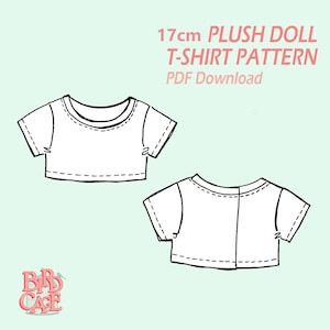 May include: A white t-shirt pattern for a 17cm plush doll, featuring short sleeves and a round neckline. The design is shown twice, with the text "17cm PLUSH DOLL T-SHIRT PATTERN PDF Download" in pink.