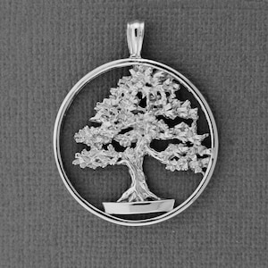 May include: A silver pendant featuring a detailed, three-dimensional bonsai tree design. The tree is set within a circular frame and has a textured, realistic appearance.