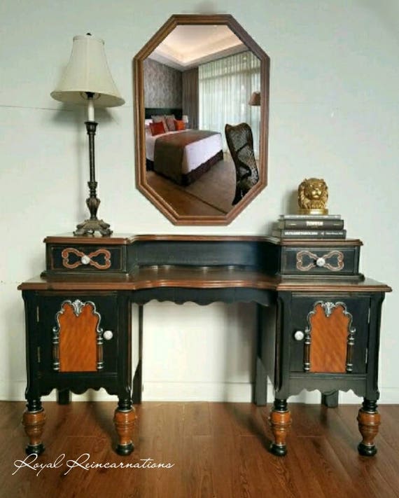 Soldantique Black 1920 Desk Vanity Hollywood Regency 1920 Desk Vanity Hollywood Regency, Hollywood Regency Makeup Vanity