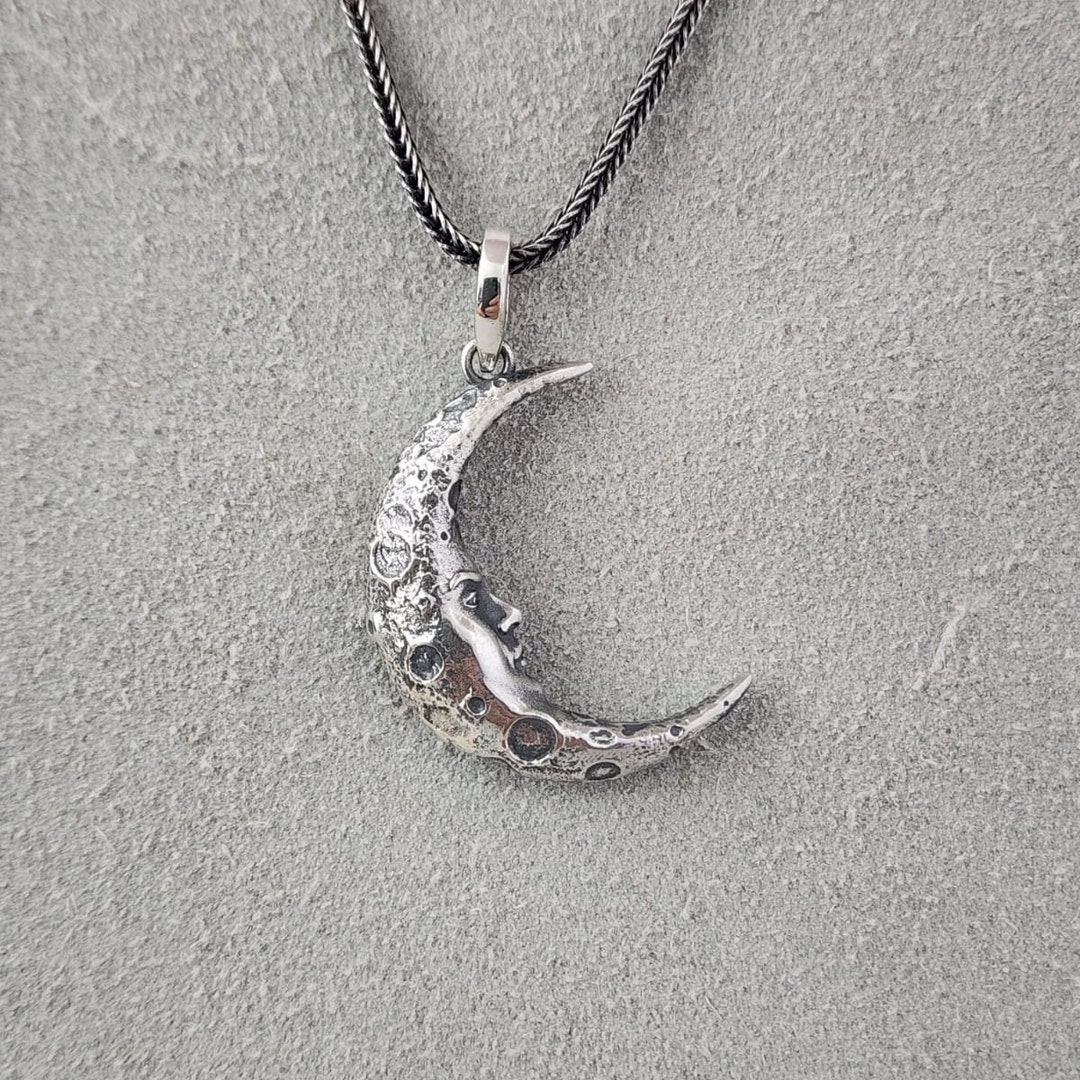 925 Sterling Silver Crescent Moon Necklace, Boho Moon Jewellery, Face