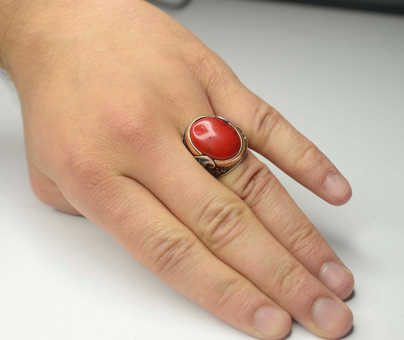Coral or Jade Lab 925 K Sterling Silver Men Ring