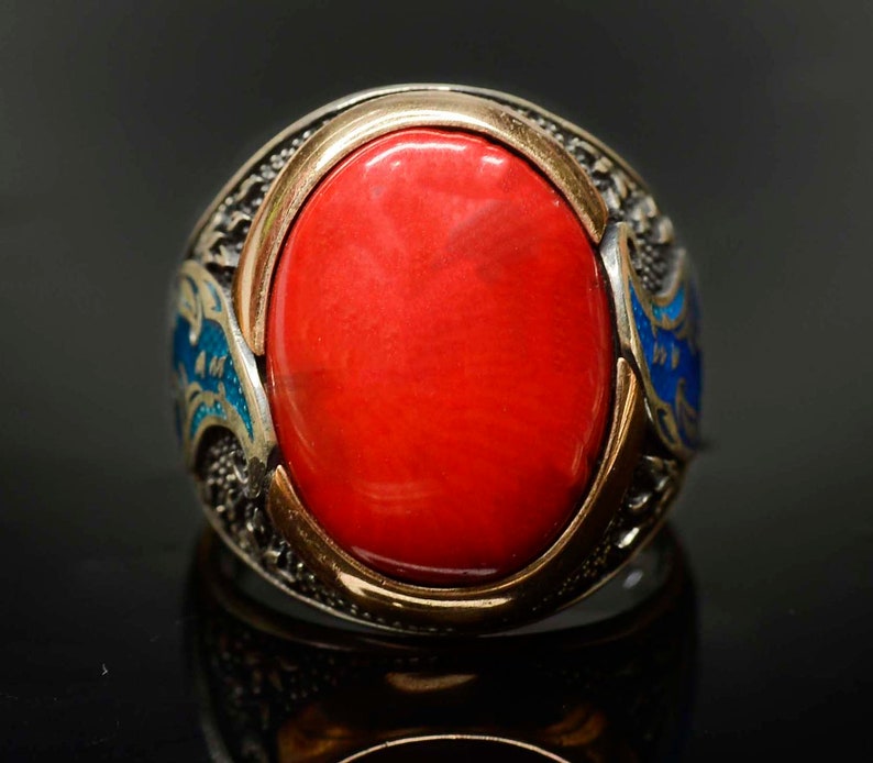 Coral or Jade Lab 925 K Sterling Silver Men Ring