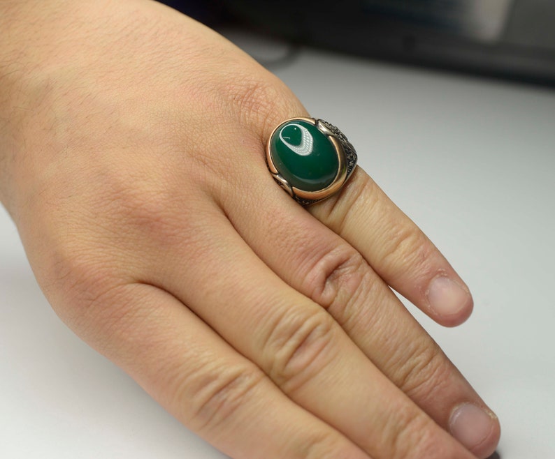 Coral or Jade Lab 925 K Sterling Silver Men Ring