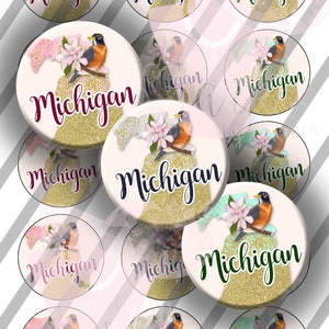 Michigan Mapa Floral Glitter Apple Blossom American Robin Digital Bottle Cap, Círculos de 1 pulgada (25 mm): Descarga instantánea