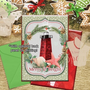 5x7 Red Christmas Lighthouse, Merry & Bright, Greeting Card, Digital Christmas Card
