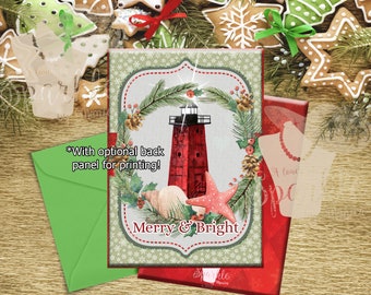 5x7 Red Christmas Lighthouse, Merry & Bright, Greeting Card, Digital Christmas Card