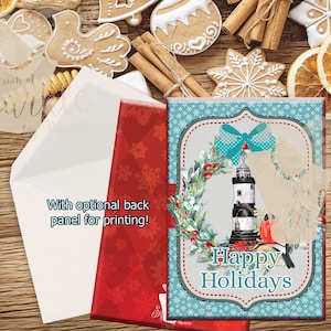 5x7 Black White Christmas Lighthouse, Happy Holidays, Greeting Card, Digital Christmas Card