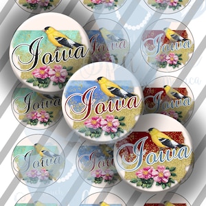 Iowa Karte wilde Prärie Rose Blume und Stieglitz Vogel Kronkorken Bilder, 1 Zoll (25mm) Kreise: Sofort Download