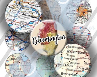 Bloomington Illinois Maps Bottle Caps, 1 Inch (25mm) Circles, BCIS, 4x6 Sheet: Instant Download