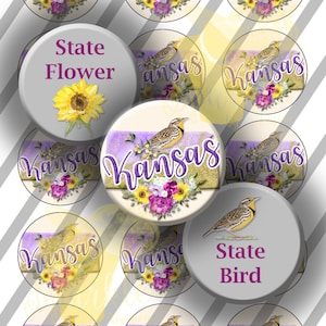 Mapa de Kansas Girasoles y pájaro Meadowlark, mapa de brillo púrpura, imágenes digitales de tapas de botellas, círculos de 1 pulgada (25 mm), hoja de 4 x 6: descarga instantánea