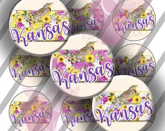 Kansas Polka Dot Mix Maps, Wild Sunflowers, Meadowlark Bird, Bottle Cap Images, 1 Inch (25mm) Circles, 4 x 6 Sheet: Instant Download