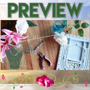 May include: A close-up of a light blue and pink beaded bracelet with a silver charm. The bracelet is on a wooden surface with a pair of pliers and a white design board with beads. The design board has the text "Sparkle Design Board" printed on it.