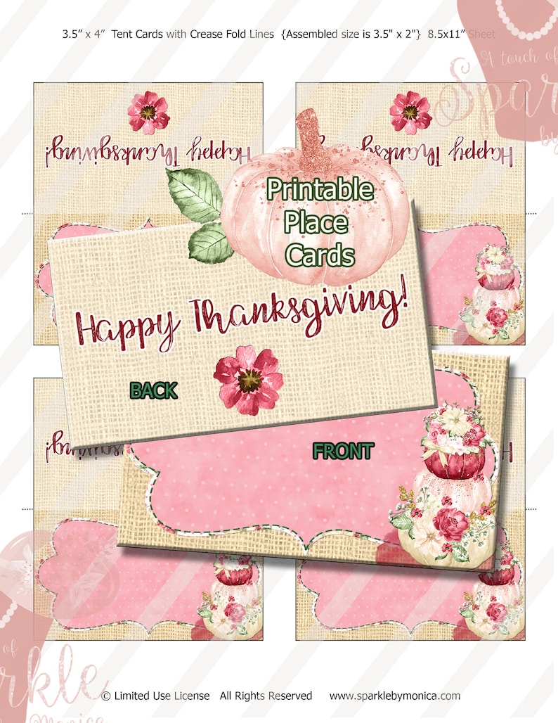 Happy Thanksgiving Marsala Pumpkin Burlap Digital Place Cards,Fold Over Tent Cards Name Cards:Instant Download