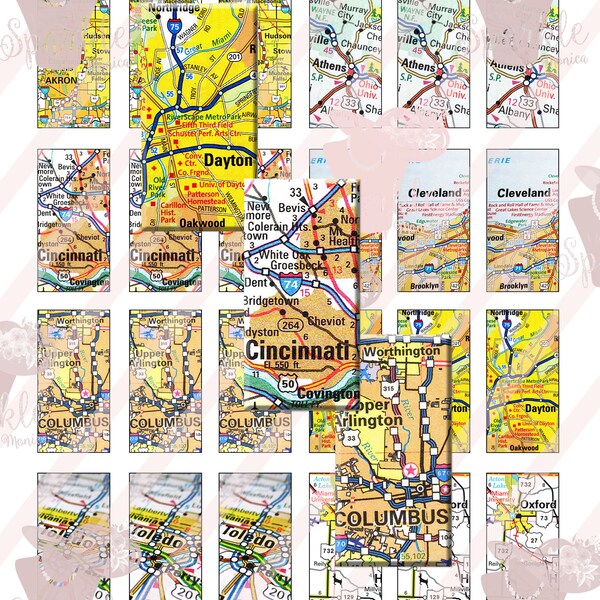 Ohio City Maps- 1x2 Inch Domino- Rectangle Digital Collage Sheet, Ohio Instant Download, Ohio Digital Cartography