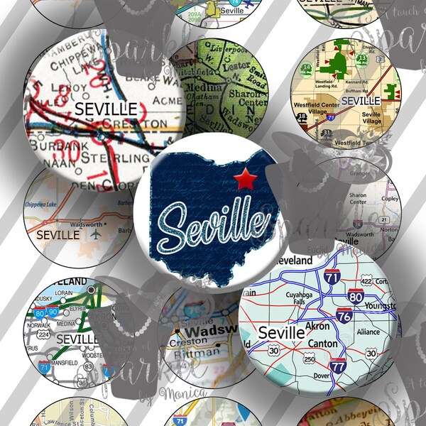 25mm Seville Ohio Maps Bottle Caps, 1 Inch Circles BCIS, 4x6 Sheet: Instant Download