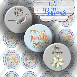 Florida kaart met oranje bloesems en Mockingbird knoppen, digitaal collageblad, 1,5 inch cirkels, 8,5x11 vel: Instant Download