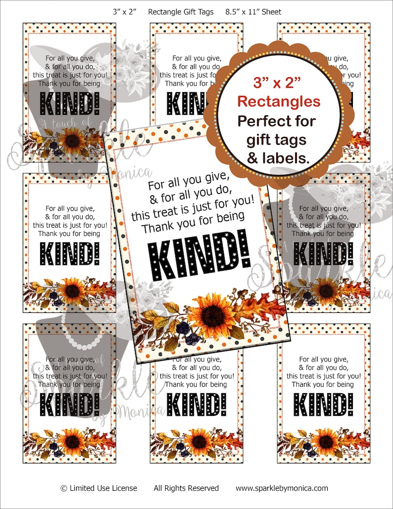 3 X 2 Inch Thank You for Being Kind Gift Tags Digital Gift Etsy