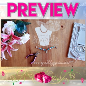 May include: A close-up of a jewelry making kit with beads, a charm, and pliers. The kit is on a wooden surface with flowers and a glass of water. The text "A touch of Sparkle by Monica" is visible on the image. The website address "www.sparklebymonica.com" is also visible.