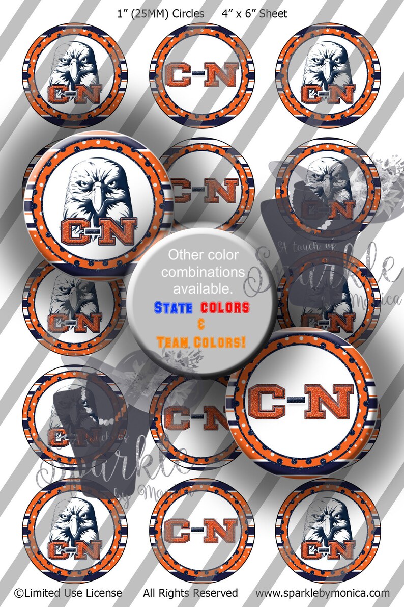 25mm 1 Inch Orange Blue Eagles Bottle Caps, Jefferson City Tennessee, TN Bottle Cap Digital Images, 4 x 6 Sheet: Instant Download image 1