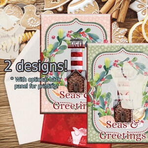 5x7 Red White Christmas Lighthouse, Seas & Greetings, Greeting Card Set, Digital Christmas Cards