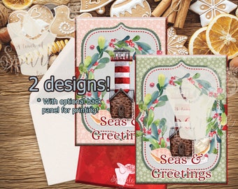 5x7 Red White Christmas Lighthouse, Seas & Greetings, Greeting Card Set, Digital Christmas Cards