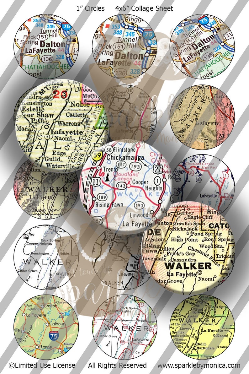 Lafayette Dalton Georgia Bottlecaps, Georgia Map BCI, Lafayette Dalton GA Map Digital Images, 1 Inch 25mm Circles: Instant Download image 1