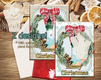5x7 Green White Christmas Lighthouse, Merry Christmas, Greeting Card Set, Digital Christmas Cards