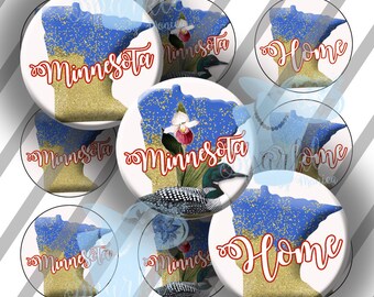 Minnesota Home Map Bottle Caps, MN Blue Gold Glitter BCIS, 1 Inch (25mm) Circles, 4 x 6 Sheet: Instant Download